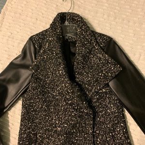 Black Kenneth Cole Tweed wool blend & genuine Leather Sleeve Trench Coat Jacket